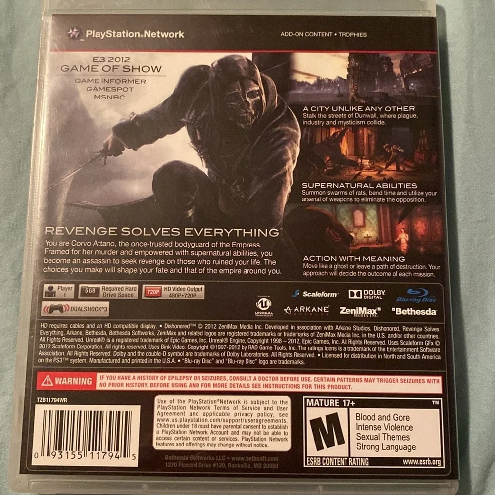 PS3 Dishonored Video Game